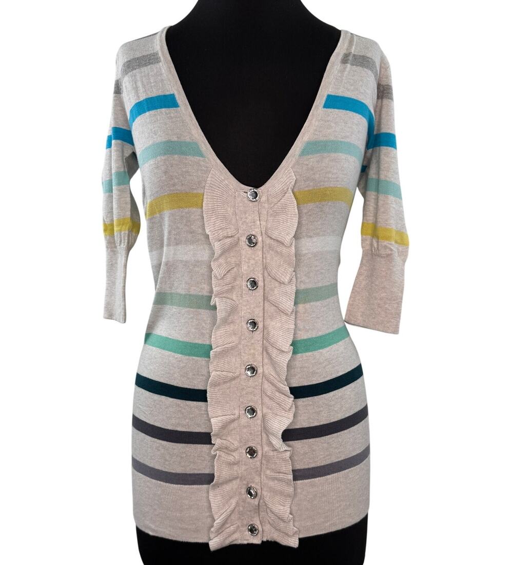 Charlotte Tarantola Y2k Cardigan Striped Rhinestone Ruffle 3/4 Sleeve Small NWOT